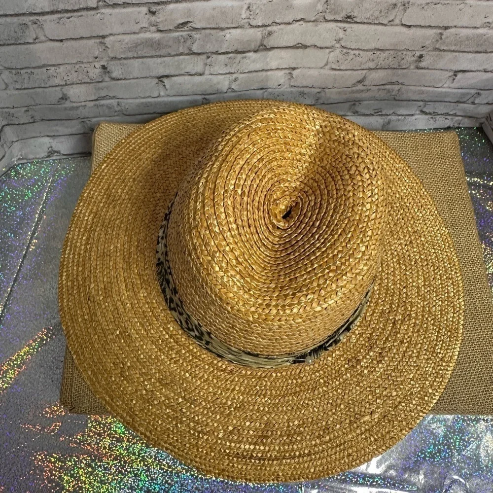 Womens Tan Straw Sun Hat Animal Print Accent Band Pearl Stick Pin Wide Brim Hat
